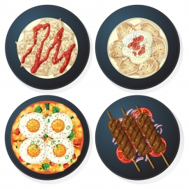 四款特色美食插画：饺子、煎蛋、烤串餐品