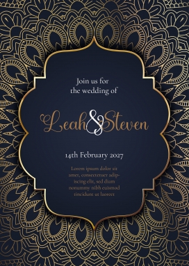 深蓝金纹婚礼请柬：Leah 与 Steven 的浪漫婚讯设计