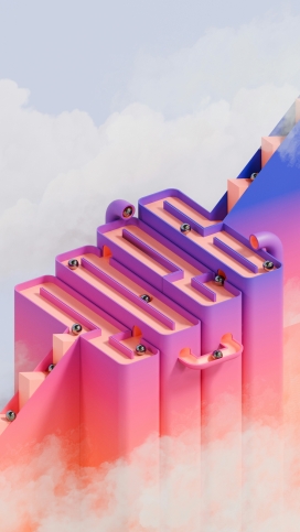 渐变色彩几何迷宫：梦幻云境中的 3D 创意装置设计