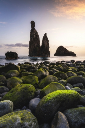 海岩晨光 - 马德拉岛海岸的礁石群景观