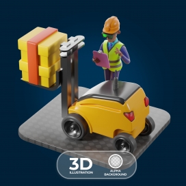 Fussy, Refillable Body Wash __ 3D 卡通叉车与仓库工人物流场景插画素材