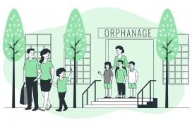 孤儿院志愿者温馨互动 - 扁平化矢量插画设计素材