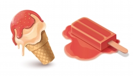 甜筒雪糕与棒冰特写 夏日清凉美食矢量插画